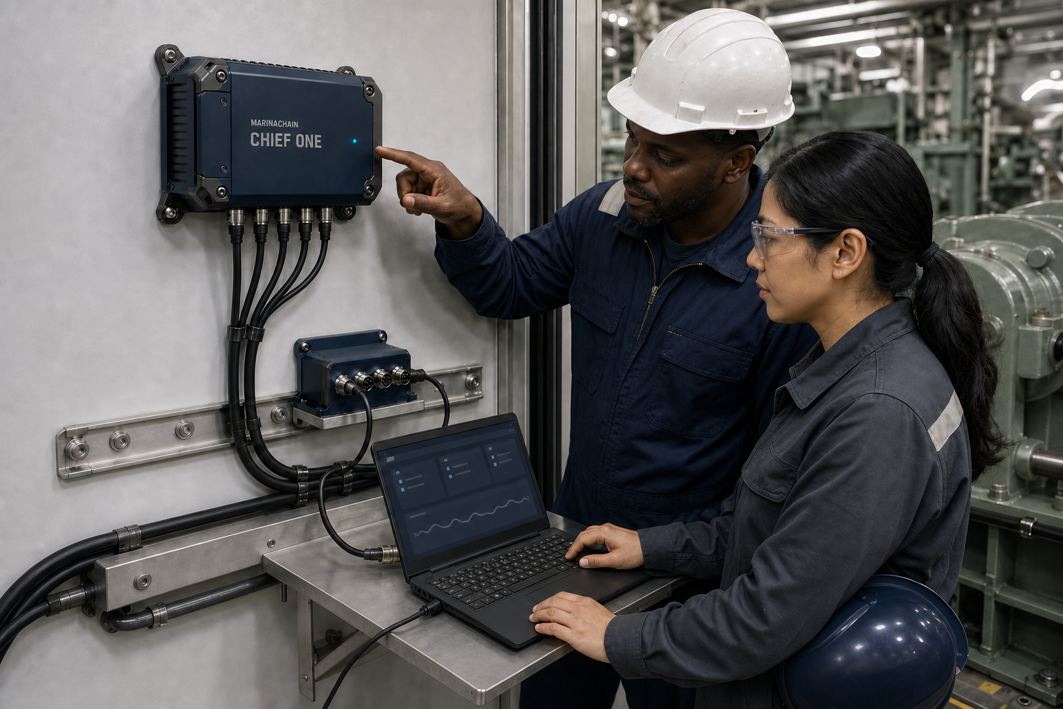 MarinaChain field engineer and vessel ETO commissioning CHIEF ONE with a wired rugged laptop