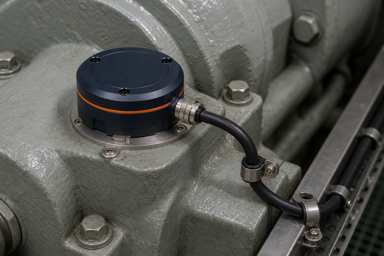 Close product-design visualization of a fixed Machinery Pod adapter and restrained cable