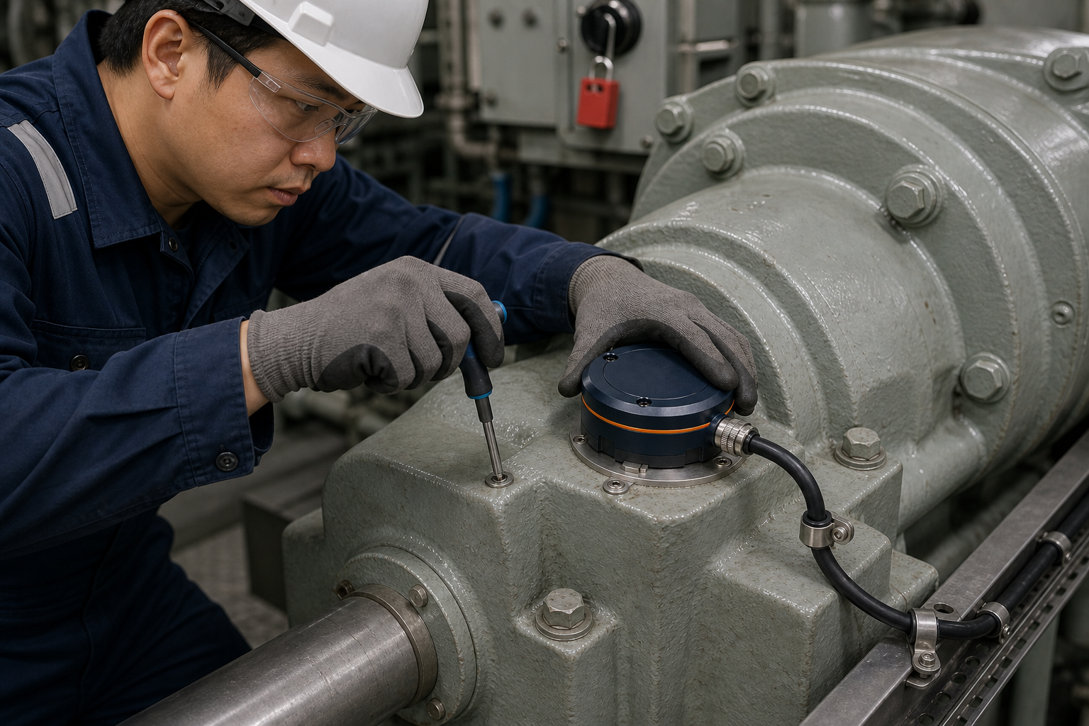 Vessel electro-technical officer carrying out a conceptual locked-out Machinery Pod installation